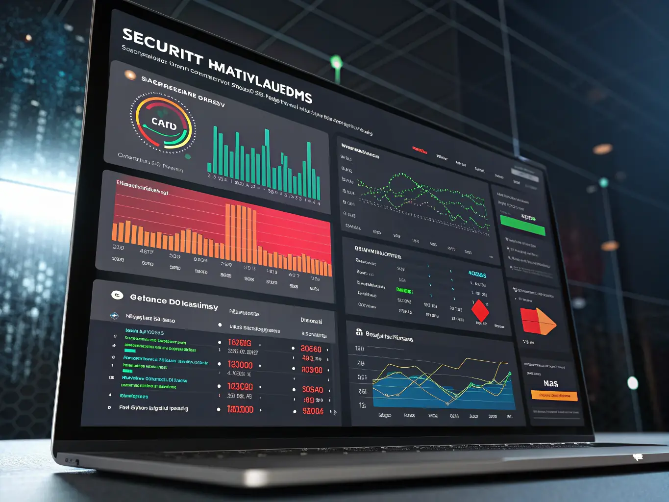 Imagen de una pantalla con gráficos de monitoreo y alertas de seguridad digital, representando la vigilancia constante y la protección contra amenazas cibernéticas.